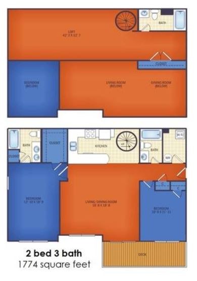 Floor plan for 2 beds, 3 baths, 1774 sqft